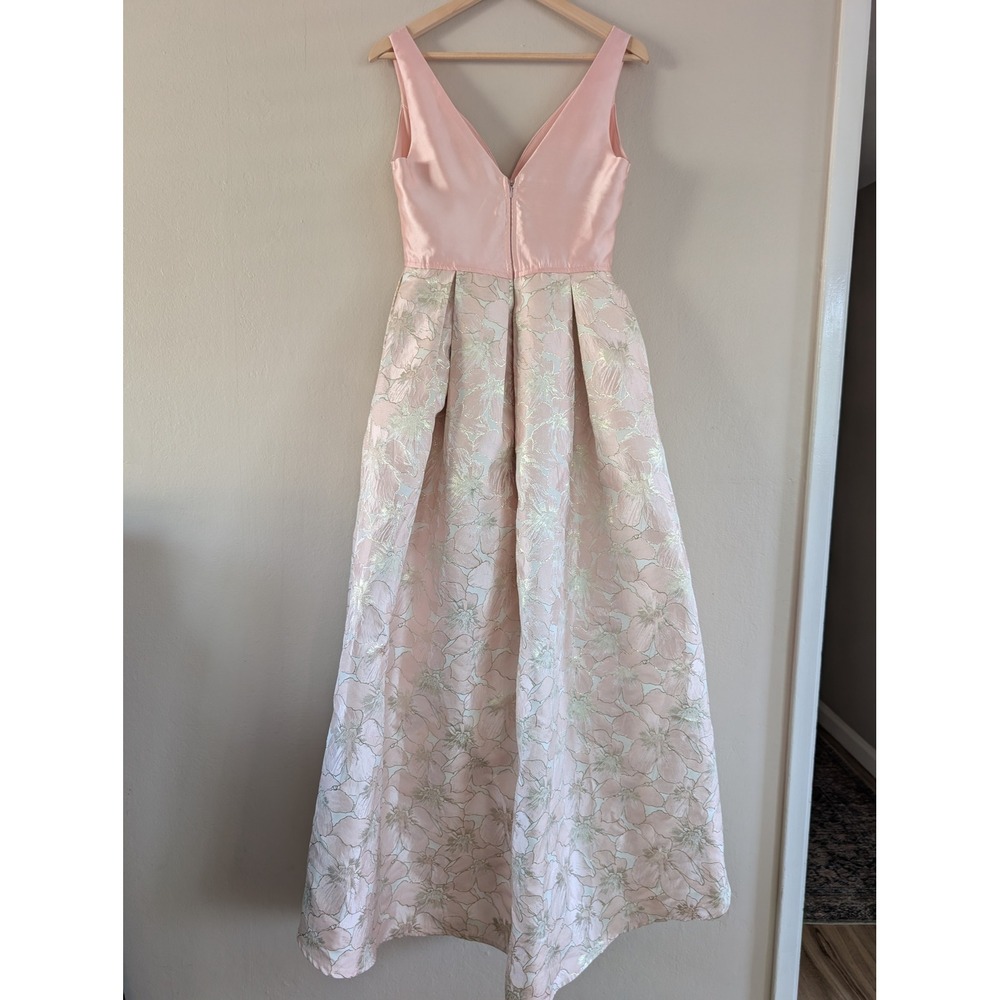 Blush Pink Gold Floral Jacquard High-Low Formal Gown Dress Womens M Wedding - Picture 2 of 16